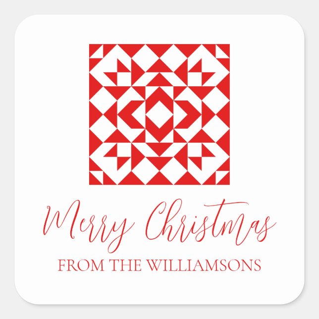Vintage Red Christmas Geometric Quilt Personalised Square Sticker (Front)