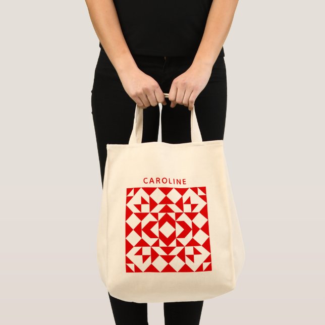 Vintage Red Christmas Geometric Quilt Personalised Tote Bag (Front (Product))