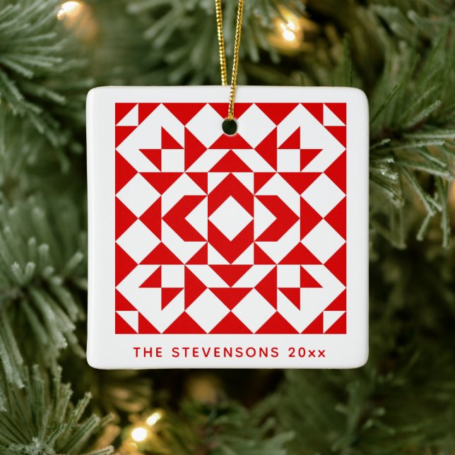 Vintage Red Christmas Geometric Quilt Personalized Ceramic Ornament (Tree)