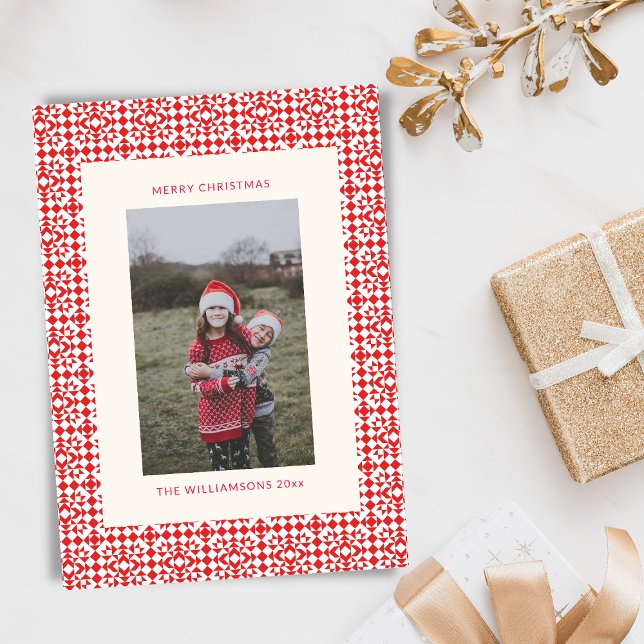 Vintage Red Christmas Geometric Quilt Photo Holiday Card (Creator Uploaded)