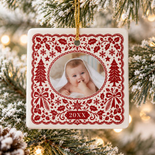 Vintage Red Christmas Lace New Baby Keepsake Ceramic Ornament