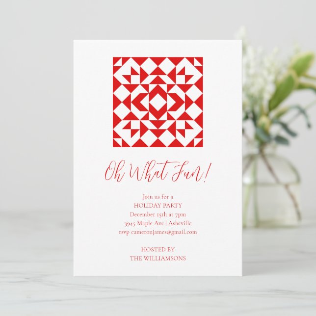 Vintage Red Christmas Quilt Festive Holiday Party Invitation (Standing Front)