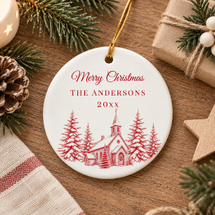 Vintage Red Christmas Toile Church Ceramic Tree Decoration