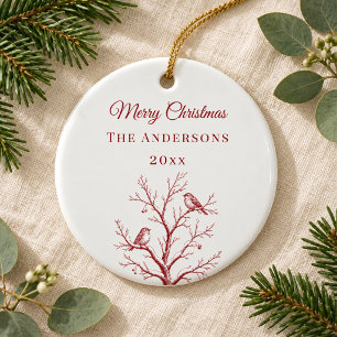 Vintage Red Christmas Toile Tree Birds Winter Ceramic Tree Decoration