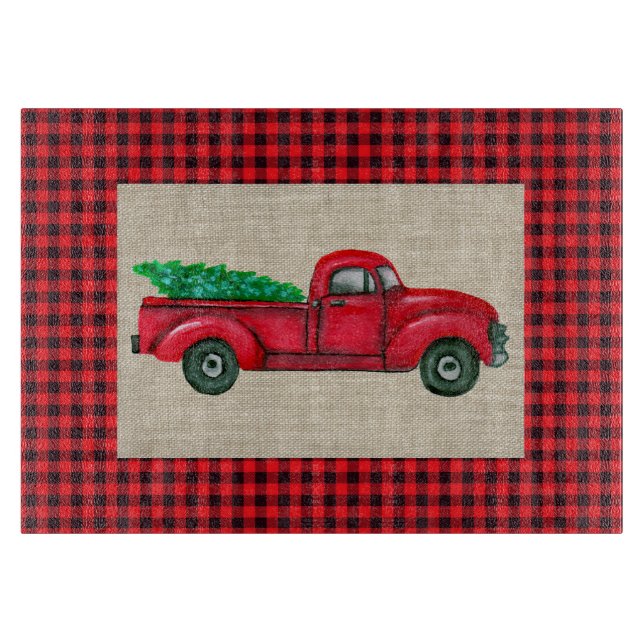 Vintage Red Christmas Tree Truck Cutting Board (Front)