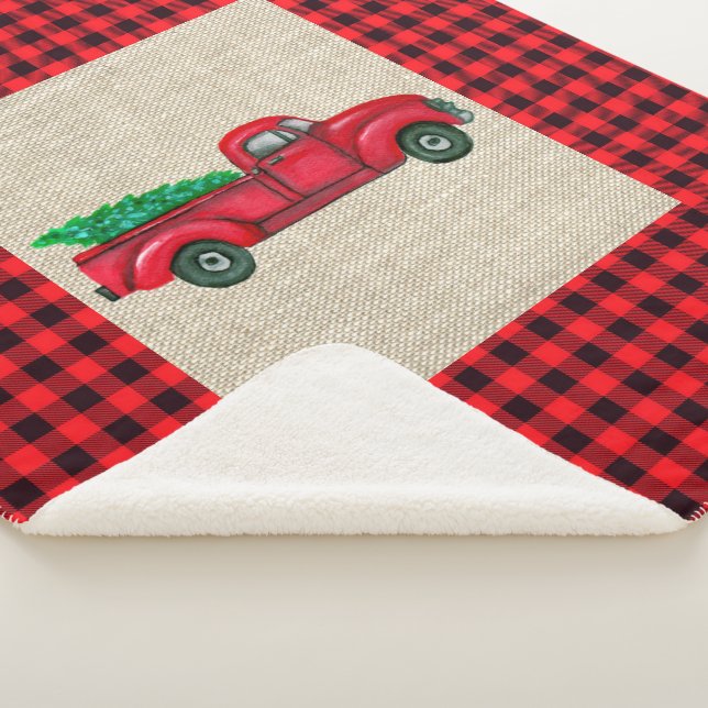 Vintage Red Christmas Tree Truck Sherpa Blanket (3/4)