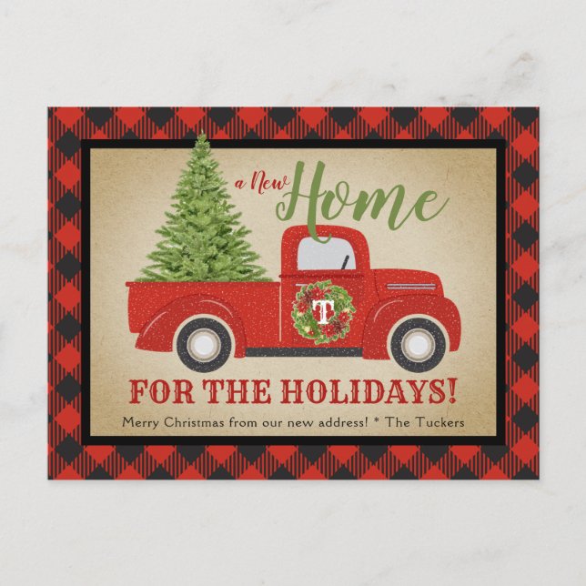 Vintage Red Christmas Truck Buffalo Plaid Moving Postcard (Front)