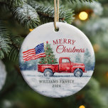 Vintage Red Christmas Truck Christmas Tree Flag Ceramic Tree Decoration<br><div class="desc">Vintage red Christmas truck with a Christmas tree and American flag Christmas card is a festive way to show your love for America and sending holiday wishes to your friends and family.</div>