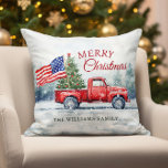 Vintage Red Christmas Truck Christmas Tree Flag Cushion<br><div class="desc">Vintage red Christmas truck with a Christmas tree and American flag Christmas card is a festive way to show your love for America and sending holiday wishes to your friends and family.</div>
