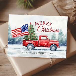Vintage Red Christmas Truck Christmas Tree Flag Holiday Card