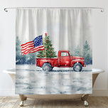 Vintage Red Christmas Truck Christmas Tree Flag Shower Curtain<br><div class="desc">Vintage red Christmas truck with a Christmas tree and American flag Christmas shower curtain is a festive way to show your love for America and celebrate the holidays.</div>