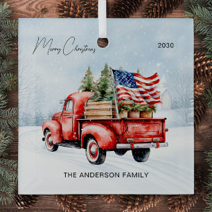 Vintage Red Christmas Truck Farmhouse USA Flag Glass Tree Decoration