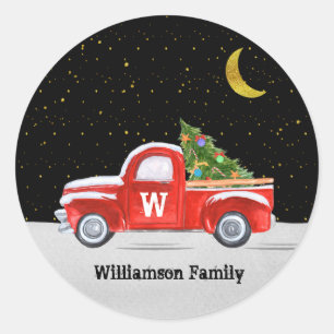 Vintage Red Christmas Truck Monogrammed Name Classic Round Sticker