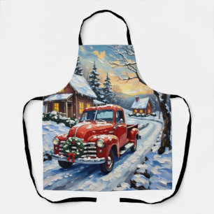 Vintage Red Christmas Truck on Snowy Country Road Apron