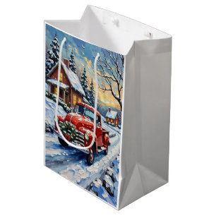 Vintage Red Christmas Truck on Snowy Country Road Medium Gift Bag
