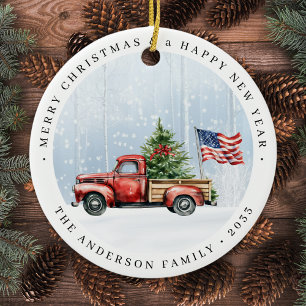 Vintage Red Christmas Truck Patriotic USA Flag Ceramic Tree Decoration