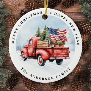 Vintage Red Christmas Truck Patriotic USA Flag Ceramic Tree Decoration