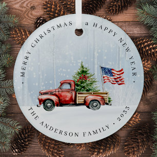 Vintage Red Christmas Truck Patriotic USA Flag Glass Tree Decoration