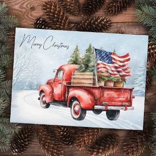Vintage Red Christmas Truck USA Flag Patriotic Card