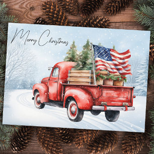Vintage Red Christmas Truck USA Flag Patriotic Holiday Card