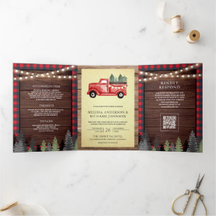 Vintage Red Christmas Truck Wood QR Code Wedding Tri-Fold Invitation