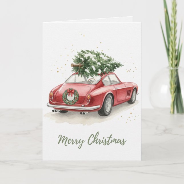 Vintage Red Classic Car with Christmas Tree Card (Front)