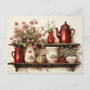  Vintage  Red Country Kitchen  Postcard