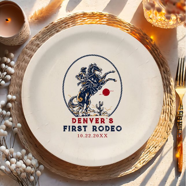 Vintage Red Cowboy First Rodeo Birthday Paper Plate (Creator Uploaded)