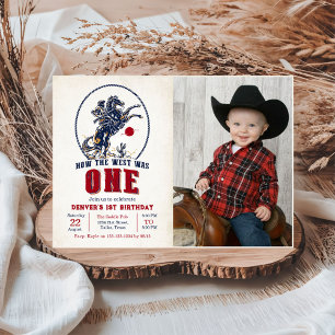 Vintage Red Cowboy Rodeo 1st Birthday Photo Invitation