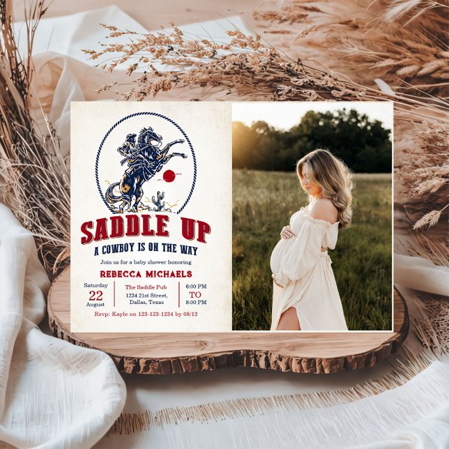 Vintage Red Cowboy Rodeo Baby Shower Photo Invitation (Creator Uploaded)