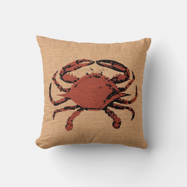Vintage Red Crab Illustration  - Nautical Burlap Cushion (Front)