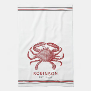 Vintage red crab personalised name template tea towel