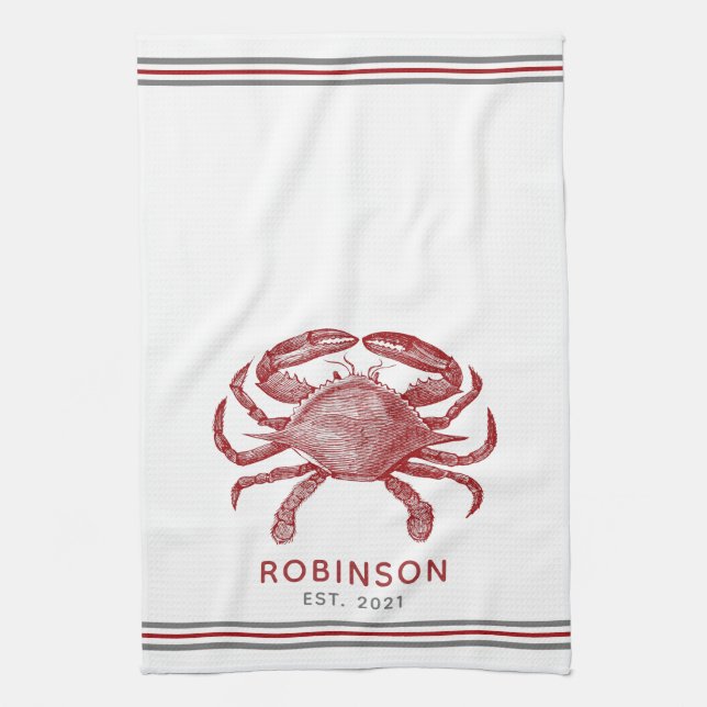 Vintage red crab personalised name template tea towel (Vertical)