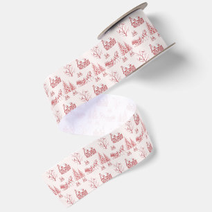 Vintage Red Cream Christmas Toile Horse Sleigh Satin Ribbon