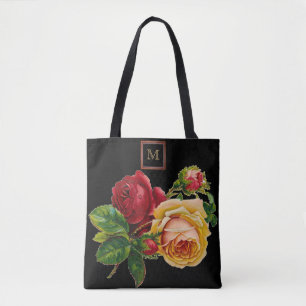 Vintage Red & Cream Rose with Monogram Tote Bag