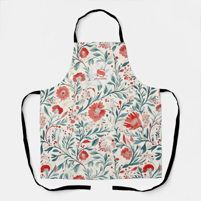 Vintage Red Daisy Floral Pattern - Botanical Apron (Front)