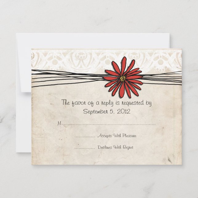 Vintage Red Daisy Wedding RSVP Card (Front)