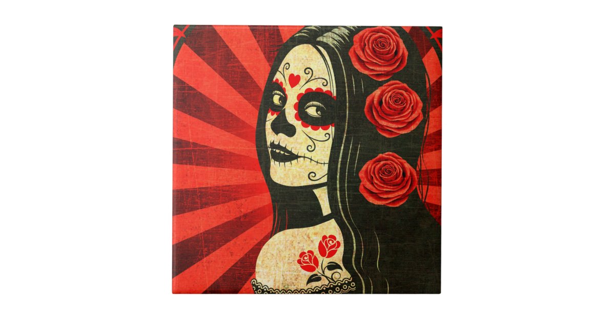 Wallpaper Vintage Red Day Of The Dead Girl Tile Zazzle Co Uk For iPhone