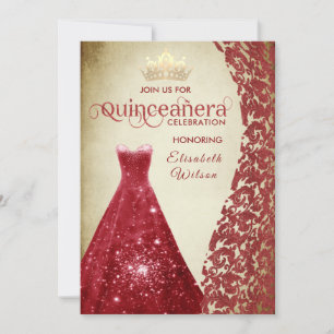 Vintage red dress damask gold tiara Quinceañera  I Invitation