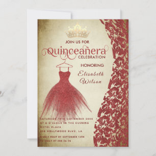 Vintage red dress damask gold tiara Quinceañera  Invitation