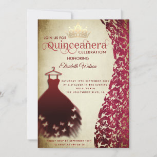 Vintage red dress damask gold tiara Quinceañera  Invitation