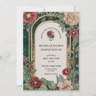 Vintage Red Emerald Floral Frame Art Nouveau Invitation