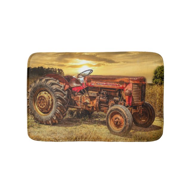 Vintage Red Farm Tractor Bath Mat (Front)