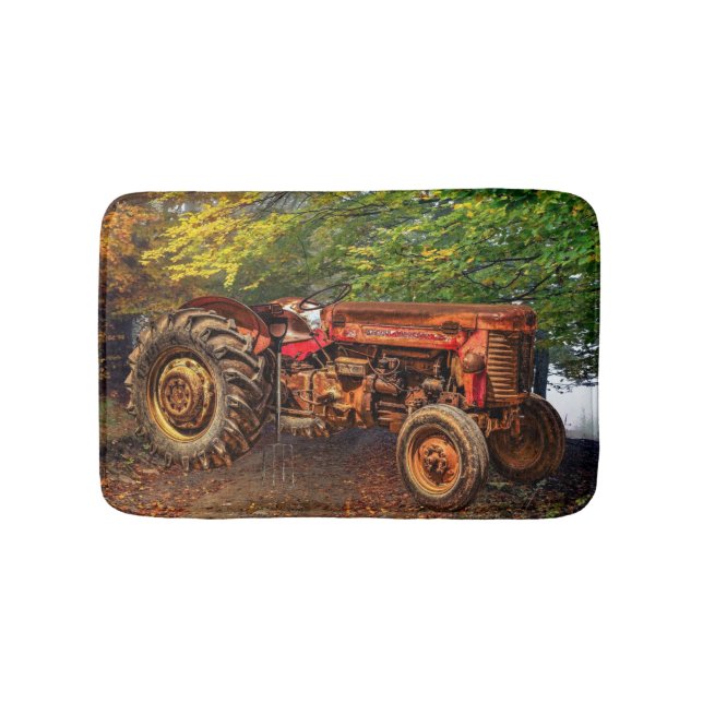 Vintage Red Farm Tractor Bath Mat (Front)