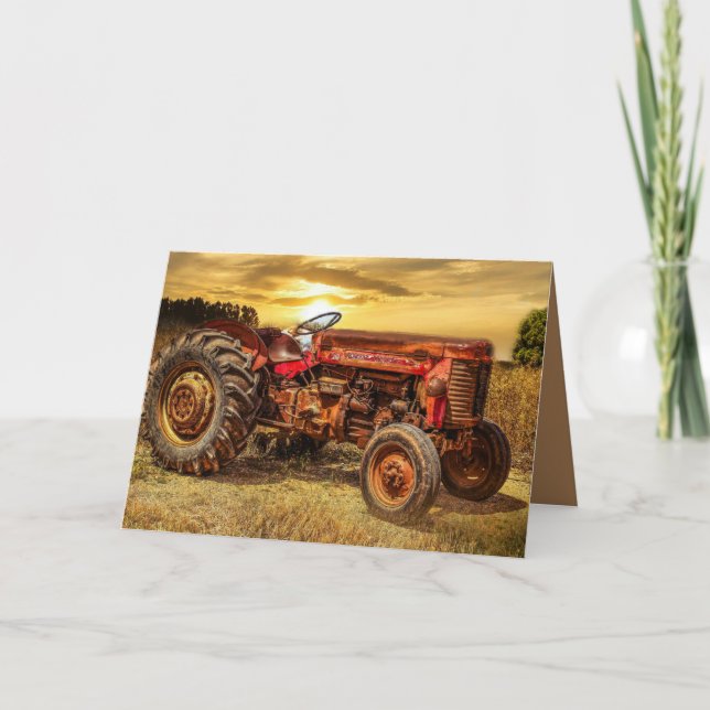 Vintage Red Farm Tractor Card (Front)