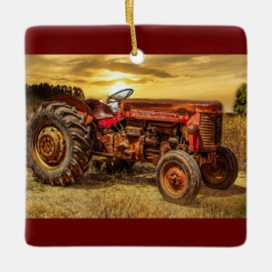 Vintage Red Farm Tractor Ceramic Ornament