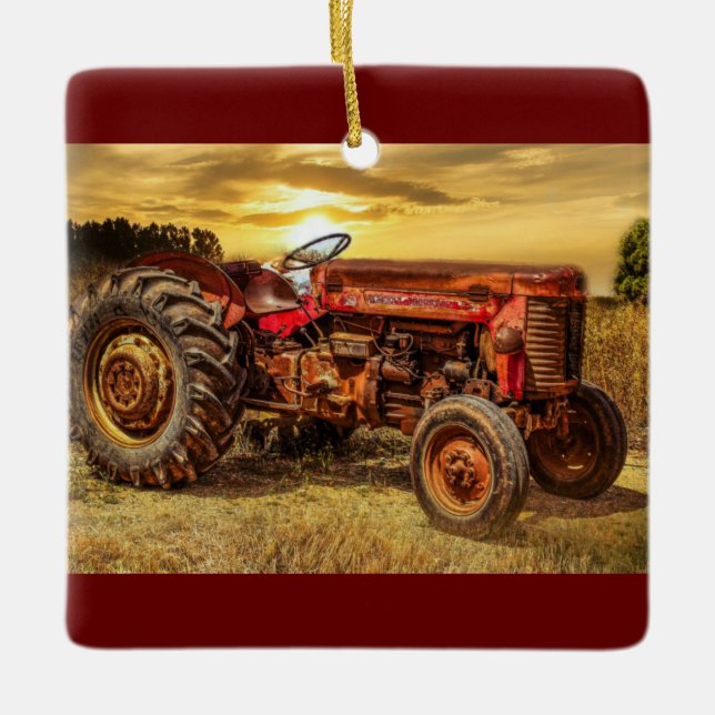 Vintage Red Farm Tractor Ceramic Ornament (Front)