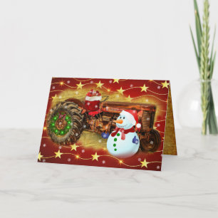 Vintage Red Farm Tractor Christmas Holiday Card