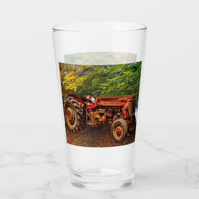 Vintage Red Farm Tractor Glass (Front)