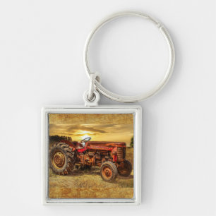 Vintage Red Farm Tractor Key Ring